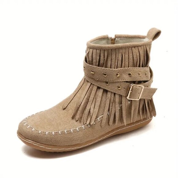 Tan Vegan Suede Fringe Ankle Booties - Picture 1 of 2